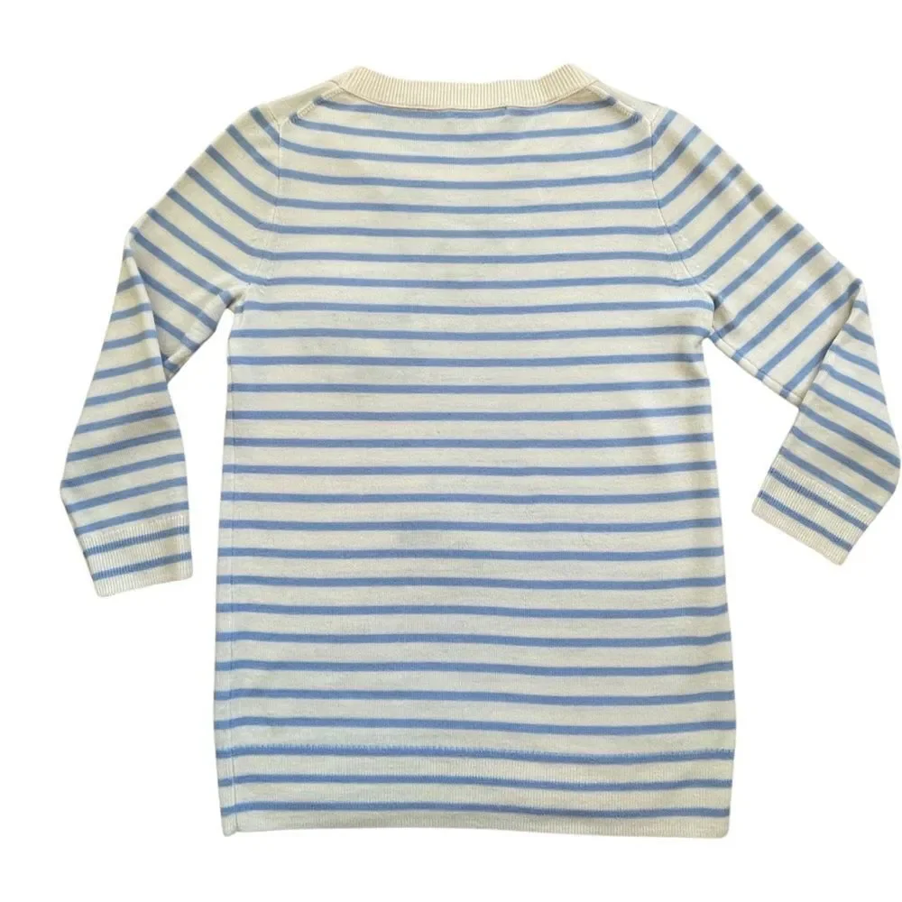 J.Crew Merino “Tippi” Wool Ivory Blue Crew Neck Striped Butterflies Sweater • XS